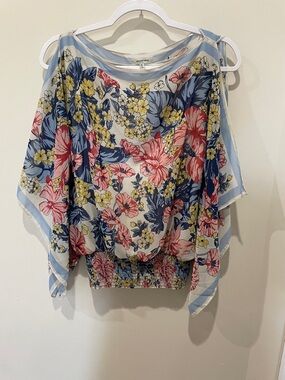 Max Studio Floral Sheer Boatneck Blouse in Blue, Pink & Yellow